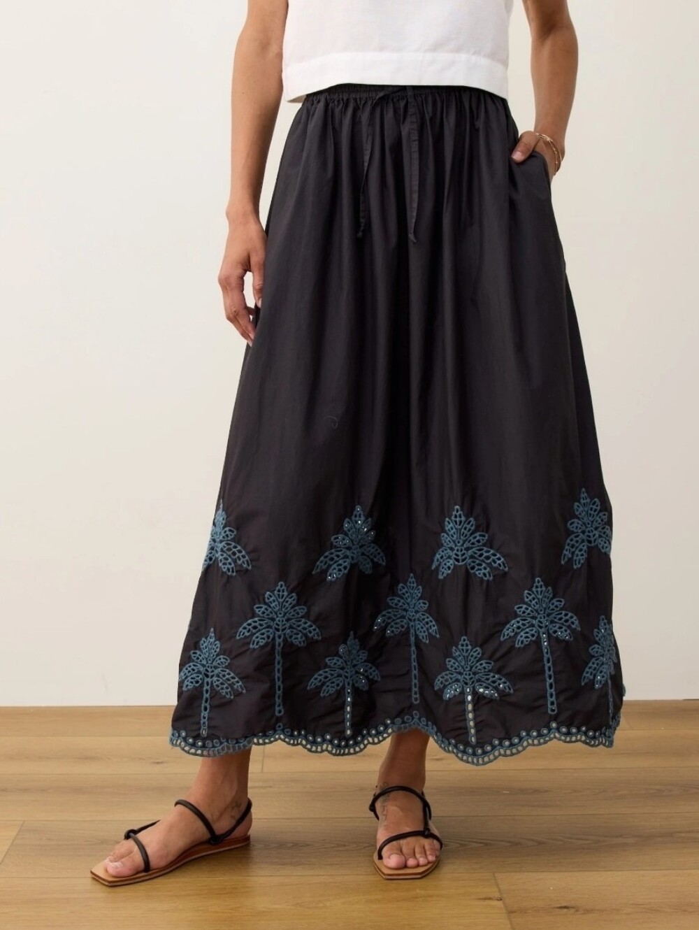 NWT MARINE LAYER Black Ryland Embroidered Eyelet Drawstring Midi Skirt